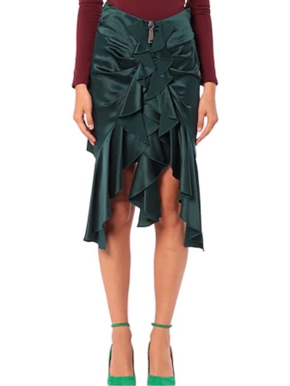 Saint Laurent Dark Green Ruffled Satin High-Low Skirt